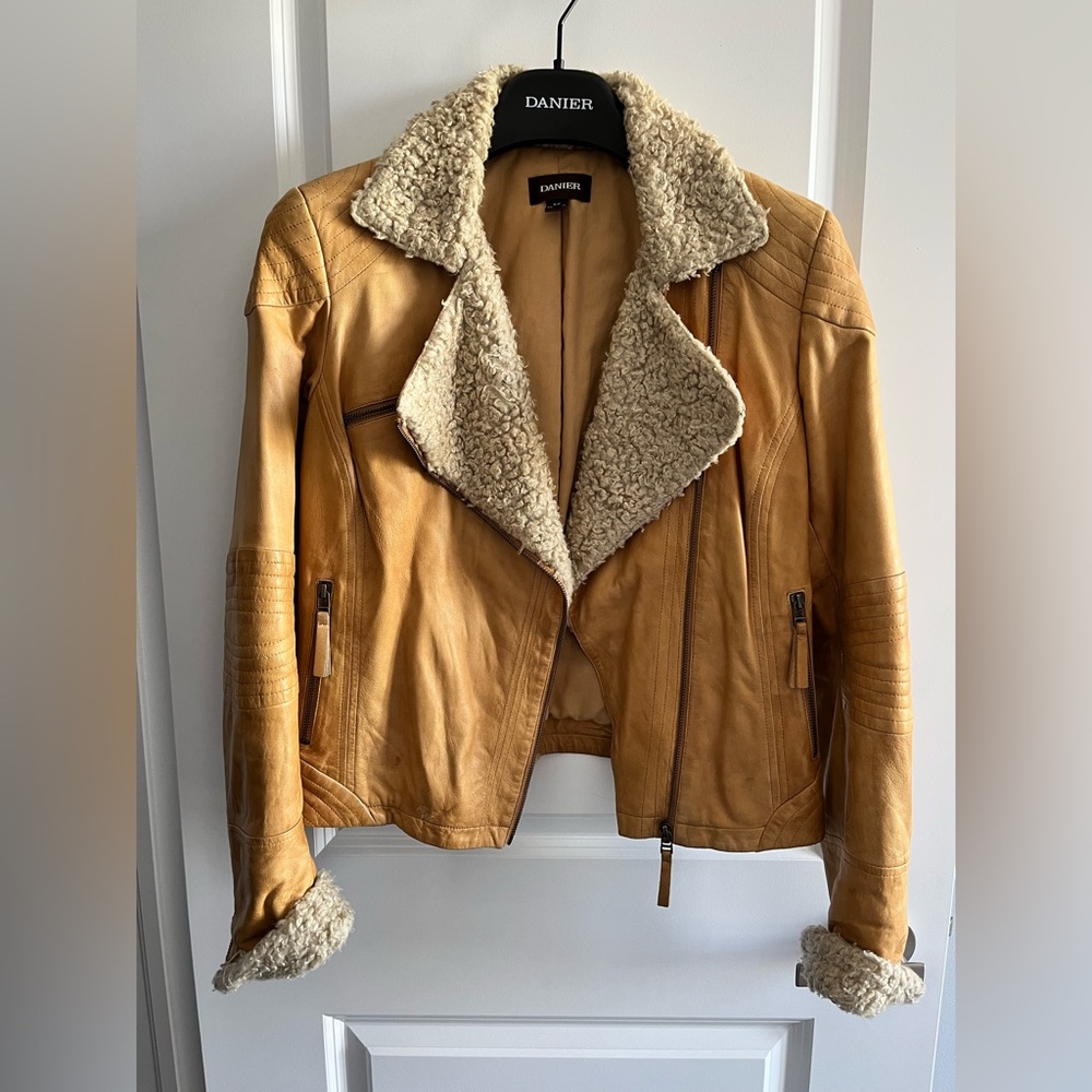 Danier Tan Leather Jacket with Shearling Trim